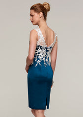 Knee-Length Satin Mother of the Bride Dress with Jacket Appliqued, Sleeveless Bateau Sheath/Column