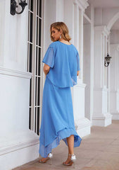 Asymmetrical Chiffon Mother of the Bride Dress with Jacket, Sleeveless V Neck A-line