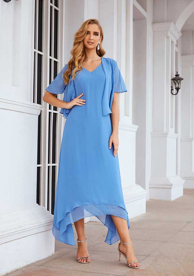 Asymmetrical Chiffon Mother of the Bride Dress with Jacket, Sleeveless V Neck A-line