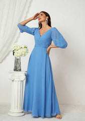 A-line V Neck Long/Floor-Length Chiffon Mother of the Bride Dress with Pleated, Half Sleeve