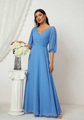 A-line V Neck Long/Floor-Length Chiffon Mother of the Bride Dress with Pleated, Half Sleeve
