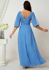 A-line V Neck Long/Floor-Length Chiffon Mother of the Bride Dress with Pleated, Half Sleeve