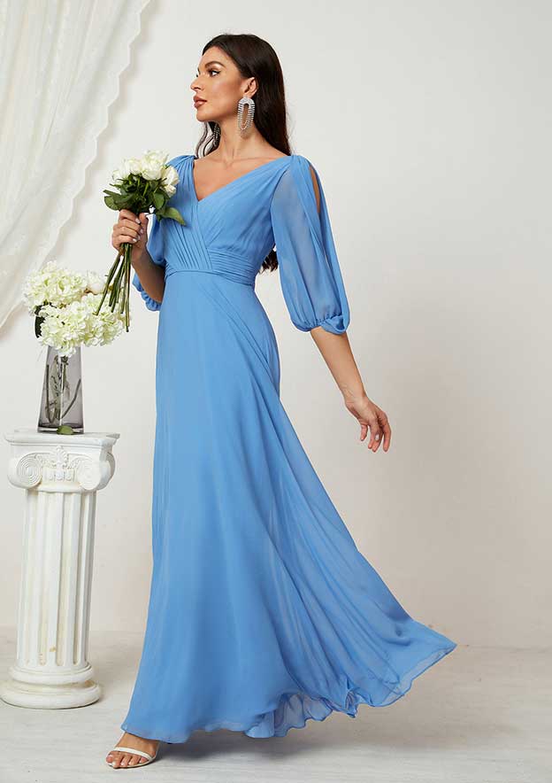 A-line V Neck Long/Floor-Length Chiffon Mother of the Bride Dress with Pleated, Half Sleeve