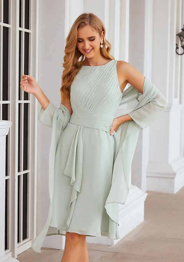 Knee-Length Chiffon Mother of the Bride Dress with Pleated and Jacket, Scoop Neck A-line