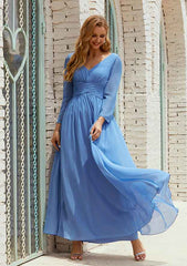 Ankle-Length Chiffon Mother of the Bride Dress with Pleated, Full/Long Sleeve V Neck A-line