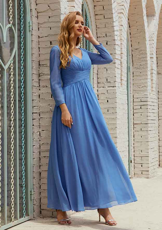 Ankle-Length Chiffon Mother of the Bride Dress with Pleated, Full/Long Sleeve V Neck A-line