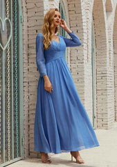 Ankle-Length Chiffon Mother of the Bride Dress with Pleated, Full/Long Sleeve V Neck A-line
