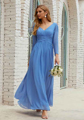 Ankle-Length Chiffon Mother of the Bride Dress with Pleated, Full/Long Sleeve V Neck A-line
