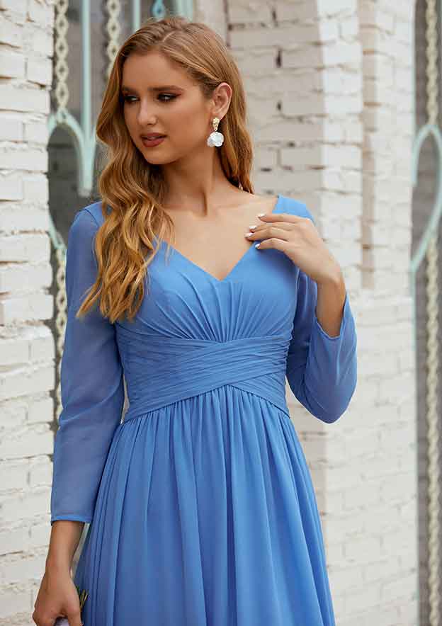 Ankle-Length Chiffon Mother of the Bride Dress with Pleated, Full/Long Sleeve V Neck A-line