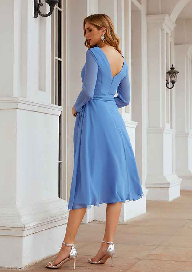 Tea-Length Chiffon Mother of the Bride Dress with Pleated Waistband, Full/Long Sleeve V Neck A-line