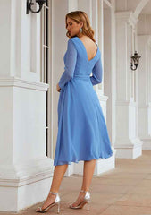 Tea-Length Chiffon Mother of the Bride Dress with Pleated Waistband, Full/Long Sleeve V Neck A-line