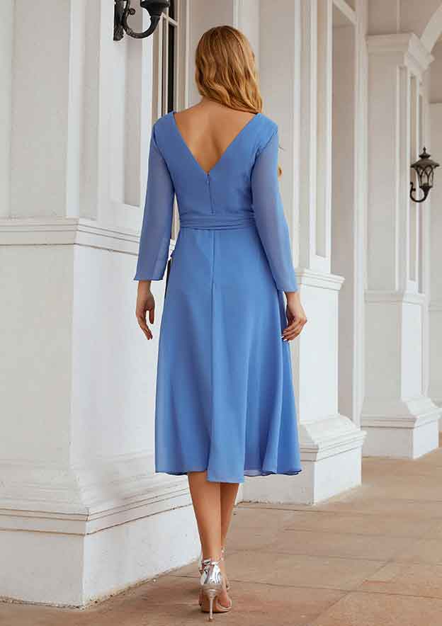 Tea-Length Chiffon Mother of the Bride Dress with Pleated Waistband, Full/Long Sleeve V Neck A-line