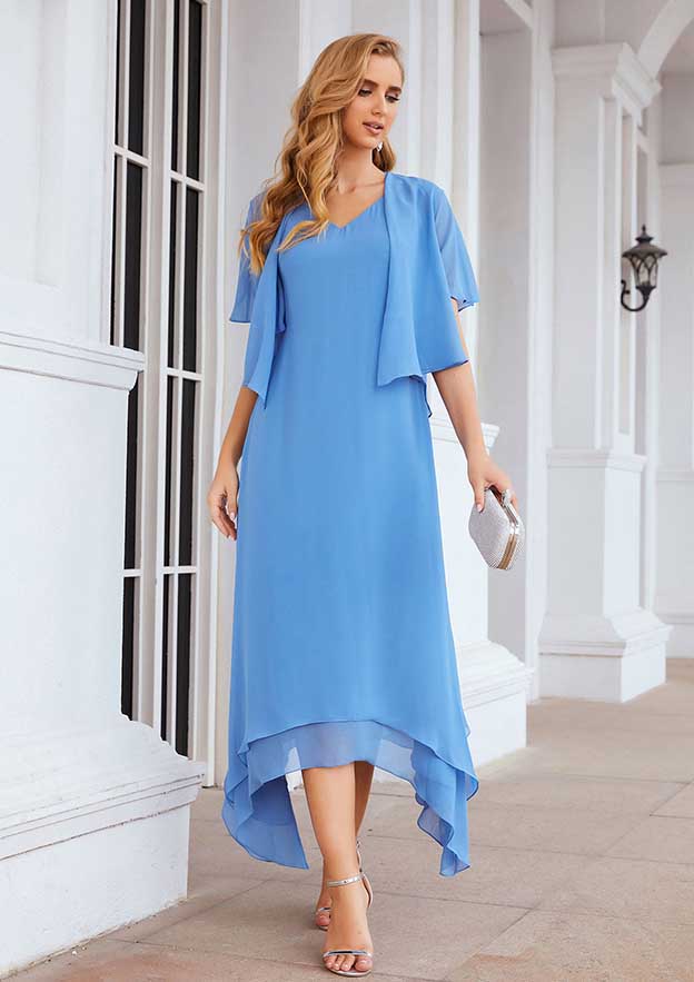 Asymmetrical Chiffon Mother of the Bride Dress with Jacket, Sleeveless V Neck A-line