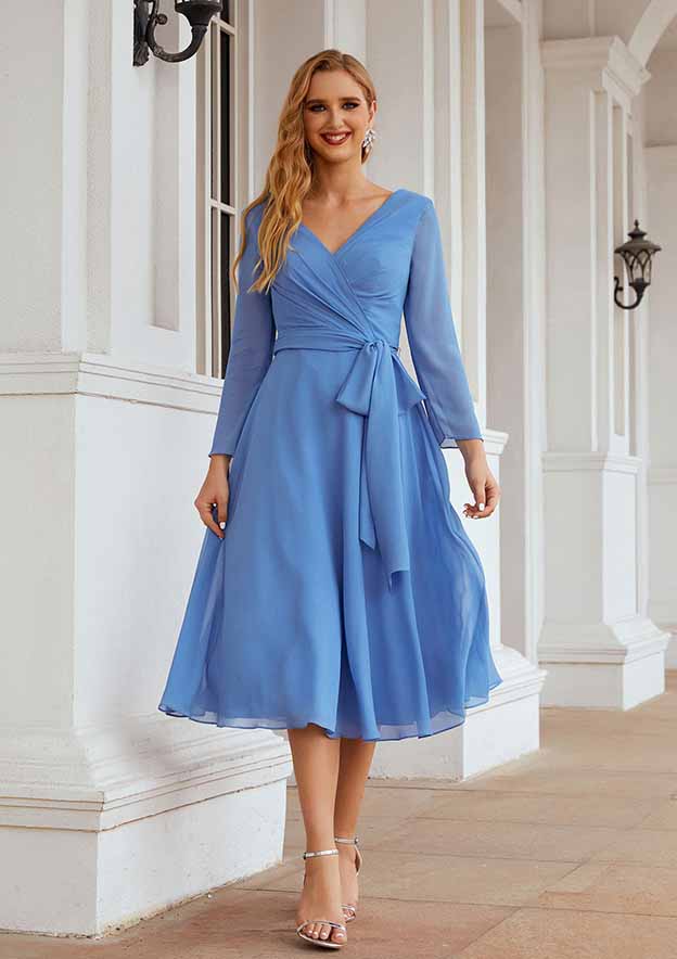 Tea-Length Chiffon Mother of the Bride Dress with Pleated Waistband, Full/Long Sleeve V Neck A-line