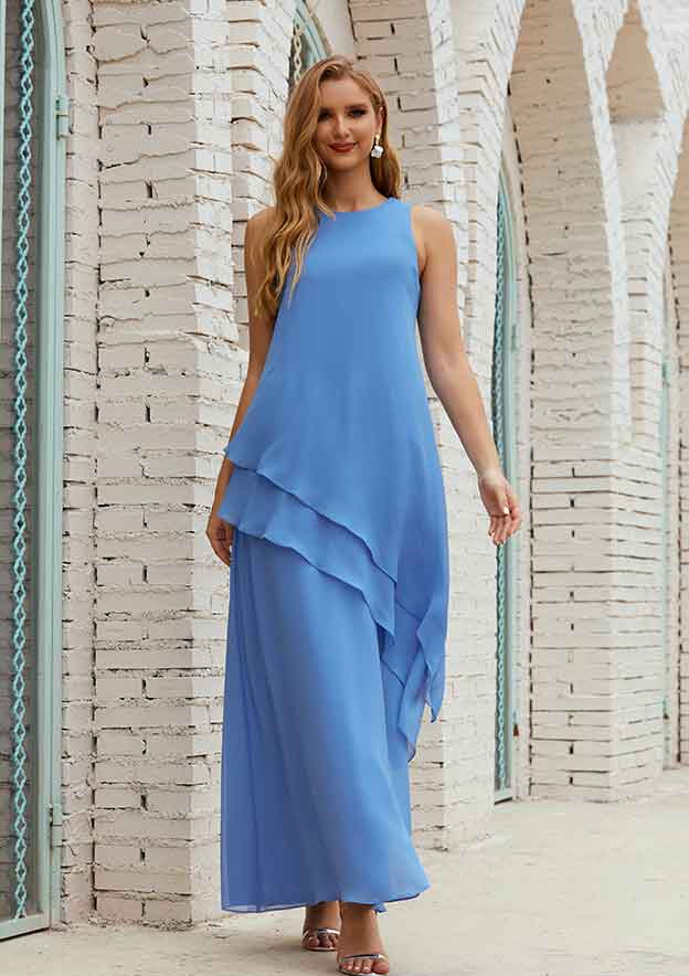 A-line Empire Scoop Neck Sleeveless Chiffon Long/Floor-Length Mother of the Bride Dress with Ruffles