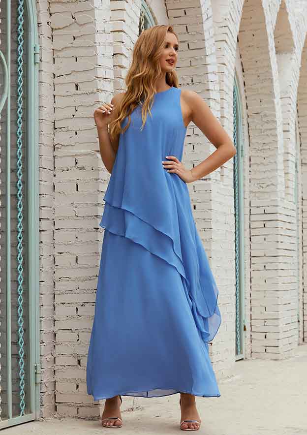A-line Empire Scoop Neck Sleeveless Chiffon Long/Floor-Length Mother of the Bride Dress with Ruffles