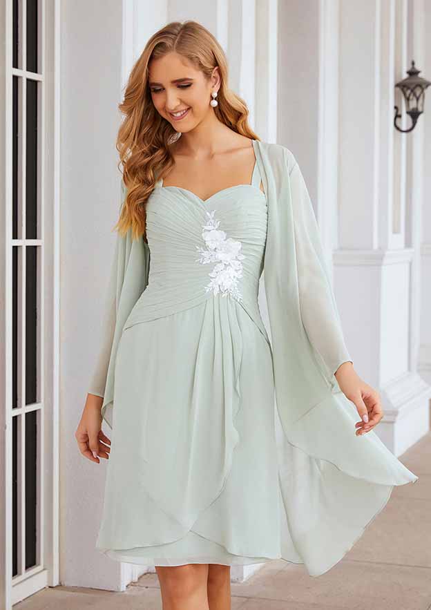 Knee-Length Chiffon Mother of the Bride Dress with Long Sleeves Jacket, Sweetheart Sleeveless A-line