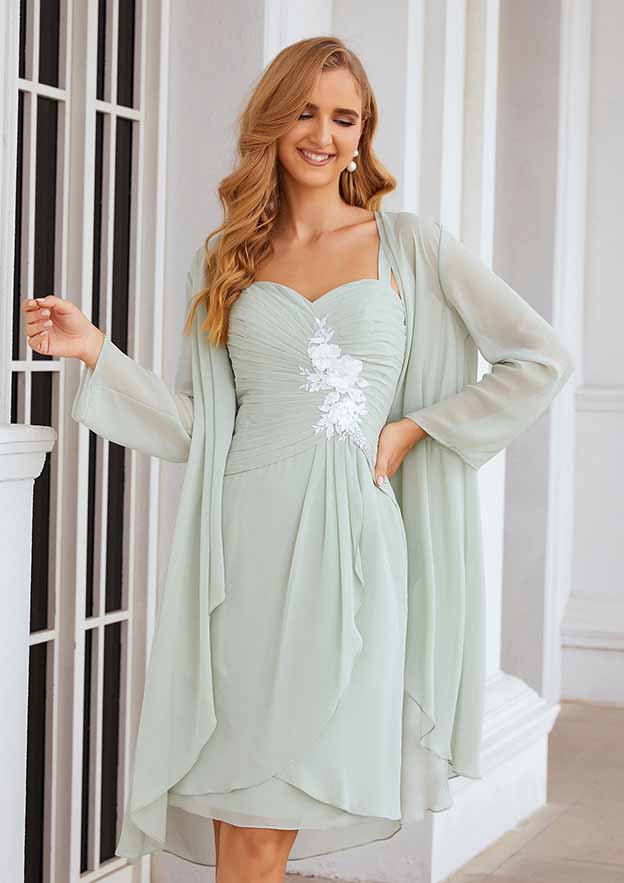 Knee-Length Chiffon Mother of the Bride Dress with Long Sleeves Jacket, Sweetheart Sleeveless A-line