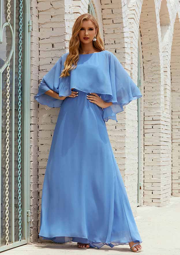 Long/Floor-Length Chiffon Mother of the Bride Dress, Half Sleeve Scoop Neck A-line