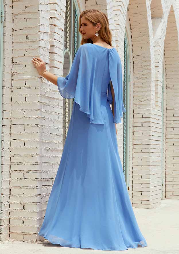 Long/Floor-Length Chiffon Mother of the Bride Dress, Half Sleeve Scoop Neck A-line