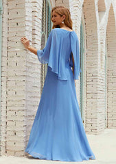 Long/Floor-Length Chiffon Mother of the Bride Dress, Half Sleeve Scoop Neck A-line