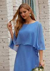 Long/Floor-Length Chiffon Mother of the Bride Dress, Half Sleeve Scoop Neck A-line