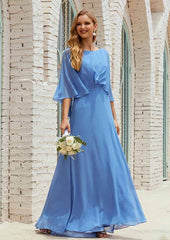 Long/Floor-Length Chiffon Mother of the Bride Dress, Half Sleeve Scoop Neck A-line