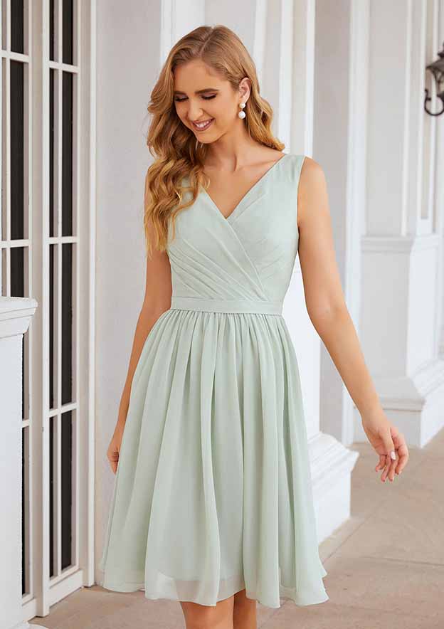 A-Line V-Neck Sleeveless Knee-Length Chiffon Bridesmaid Dress with Pleats and Waistband