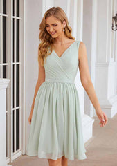 A-Line V-Neck Sleeveless Knee-Length Chiffon Bridesmaid Dress with Pleats and Waistband