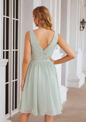A-Line V-Neck Sleeveless Knee-Length Chiffon Bridesmaid Dress with Pleats and Waistband