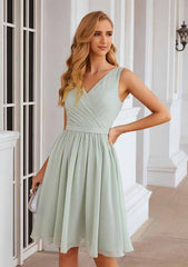 A-Line V-Neck Sleeveless Knee-Length Chiffon Bridesmaid Dress with Pleats and Waistband
