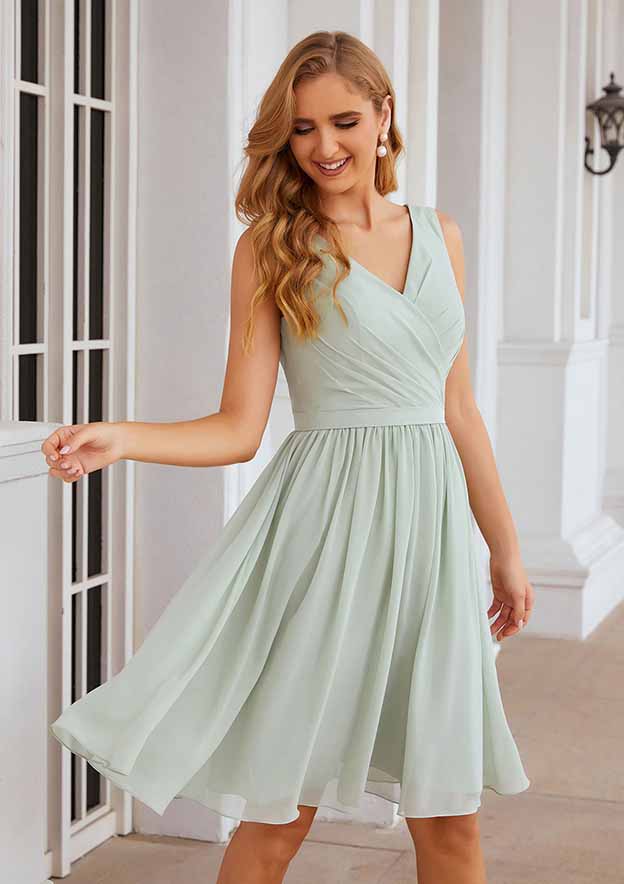 A-Line V-Neck Sleeveless Knee-Length Chiffon Bridesmaid Dress with Pleats and Waistband