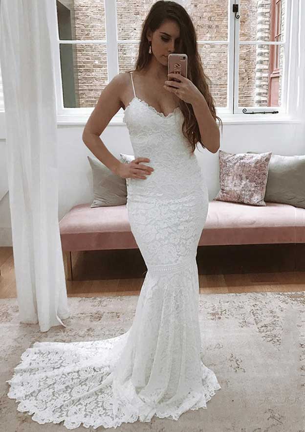 V Neck Sleeveless Court Train Lace Wedding Dress, Trumpet/Mermaid