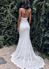 V Neck Sleeveless Court Train Lace Wedding Dress, Trumpet/Mermaid