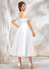 A-Line Bateau Short Sleeve Tea-Length Tulle Satin Wedding Dress with Appliques Lace
