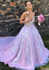 A-line V Neck Sleeveless Chapel Train Lace Wedding Dress, Ball Gown