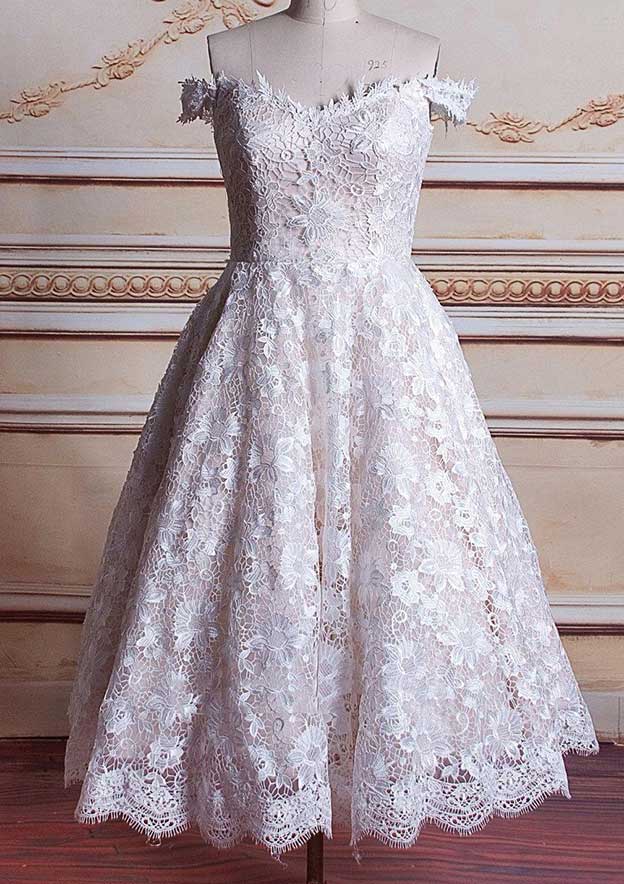 Off-the-Shoulder Sleeveless Tea-Length Lace Wedding Dress, A-line