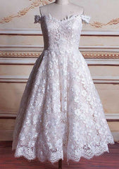 Off-the-Shoulder Sleeveless Tea-Length Lace Wedding Dress, A-line