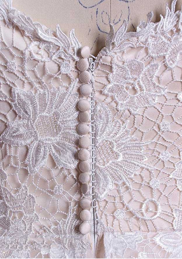 Off-the-Shoulder Sleeveless Tea-Length Lace Wedding Dress, A-line