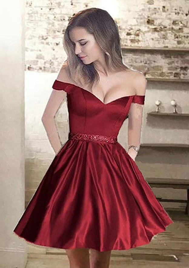 A-line Off-the-Shoulder Sleeveless Mini Homecoming Dress With Beading and Pleats