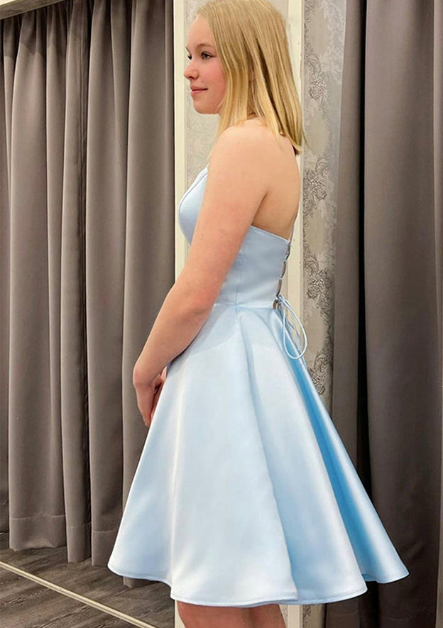 A-line Square Neckline Sleeveless Satin Mini Homecoming Dress
