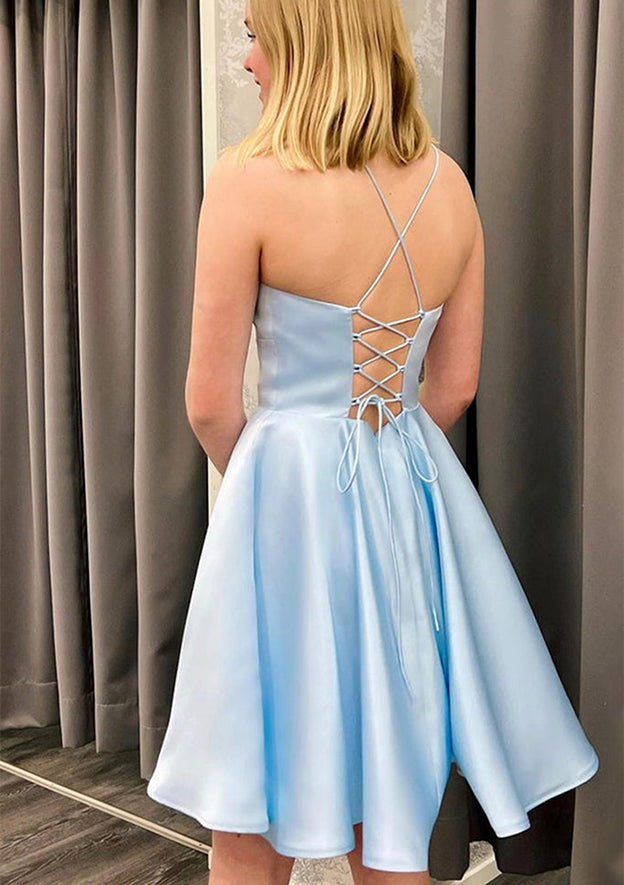 A-line Square Neckline Sleeveless Satin Mini Homecoming Dress