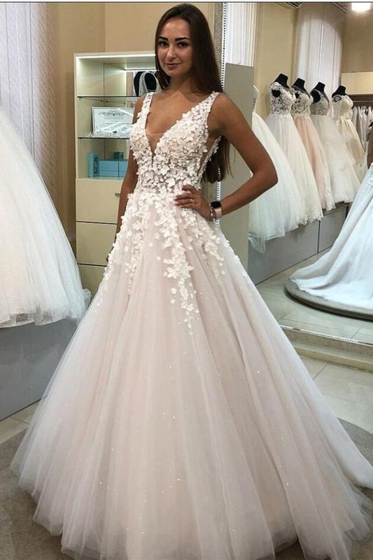 Elegant V-neck 3D Floral Tulle Wedding Dress in A-line Silhouette