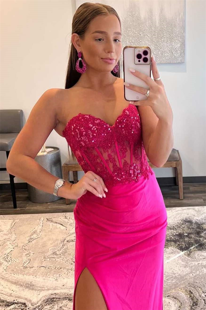 Fuchsia Sweetheart Prom Dress Mermaid Split Long With Lace Appliques