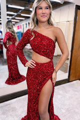 Burgundy Long Mermaid Evening Dress One shoulder Sequins