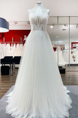 Elegant A-line Wedding Dress with V-neck, Sequins, Tulle Ruffles, and Backless Design