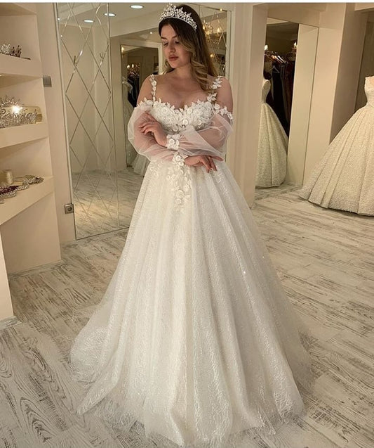 Sweetheart Long Sleeve A-line Wedding Dress with Spaghetti Straps and Glitter