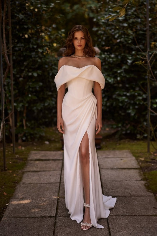 White Off-the-Shoulder Long Prom Dress Split with hand sleeve