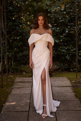White Off-the-Shoulder Long Prom Dress Split with hand sleeve