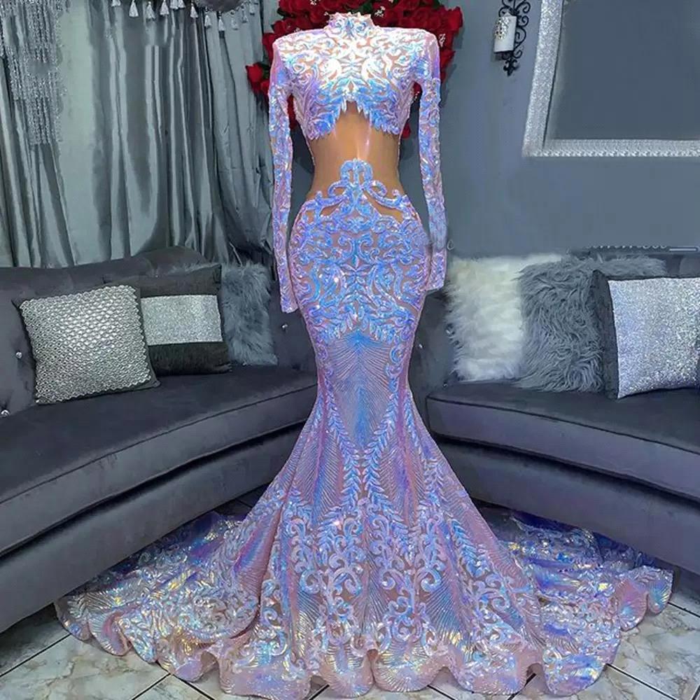 High Neck Long Sleeves Mermaid Prom Dress with Sequins Lace